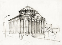 Hand Made Sketch Of A Historical Athenaeum