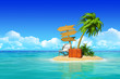 Leinwandbild Motiv Tropical island with chaise lounge, suitcase, wooden signpost, p