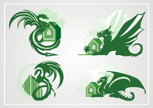 Dragon With The House. Green Dragon Symbols On The Gray