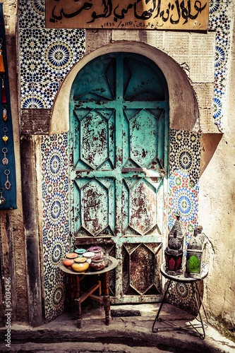 Fotografía Detail of the beautiful tile mosaic decoration,Fez,Morocco