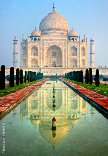 Fotoboard na płycie Taj mahal o wschodzie słońca, agra, uttar pradesh, indie
