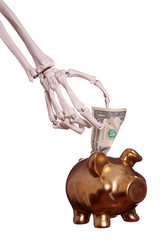 Sticker - skeleton hand with dollar and piggybank