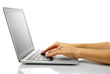 Female Hands Writing On Laptot, Isolated On White