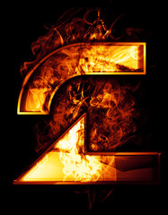 two, illustration of  number with chrome effects and red fire on