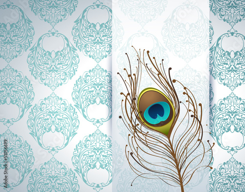 Fototapeta na wymiar peacock feather and ornamental wallpaper