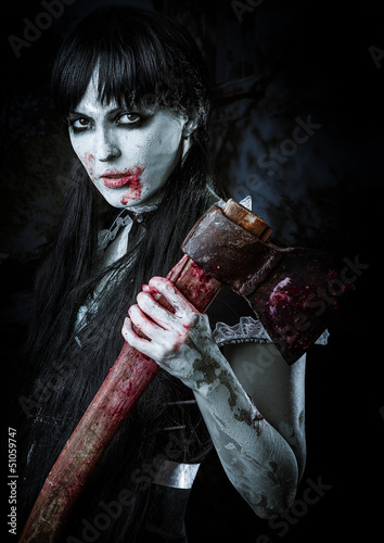 Fotoboard na płycie Martwa kobieta zombie z krwawym toporem
