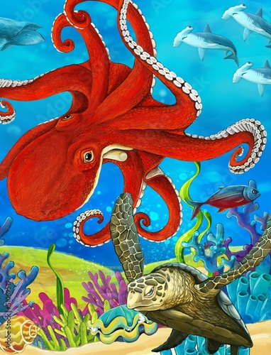 Obraz na płótnie canvas trzyczęściowy "tryptyk" Rafa koralowa - ilustracja dla dzieci