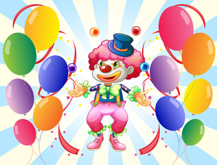 Poster - A clown with a colorful costume surrounded by balloons