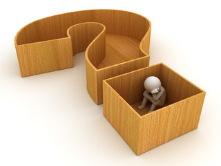 Poster - 3d man sitting in question mark crate on white background