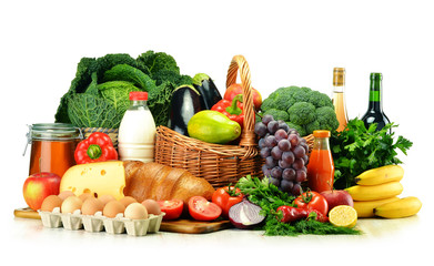 Fototapete - Grocery products including vegetables, fruits, dairy and drinks