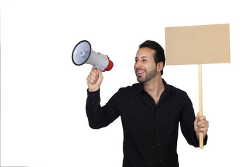 Wall Mural - Young businessman with a Megaphone and a poster proclaiming some