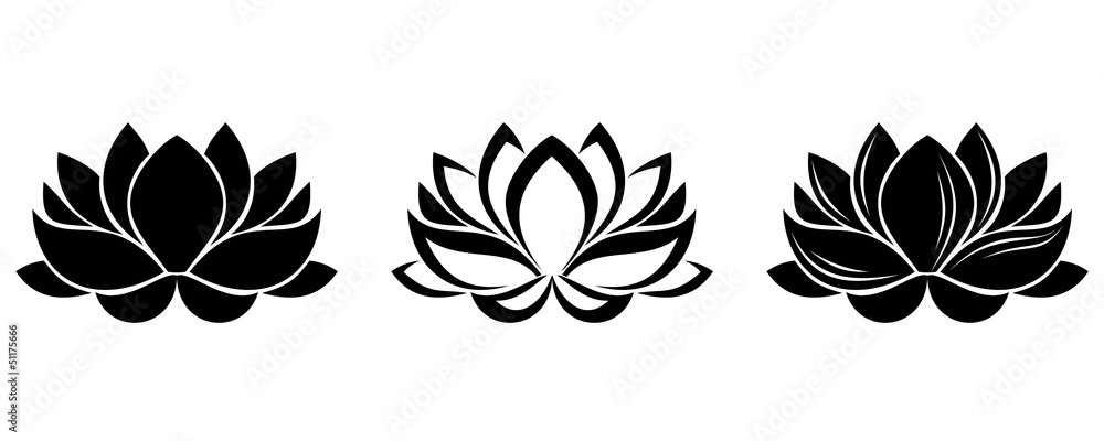 Set of three silhouettes of lotus flowers. Vector illustration. - obrazy, fototapety, plakaty 