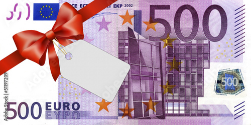 500 Euroschein mit rotem Band und Schleife mit Label Stock-Illustration
