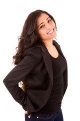 Wall Mural - Portrait of a happy young business woman against white backgroun