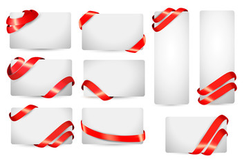 Set of gift card notes with red ribbons. Vector illustration.