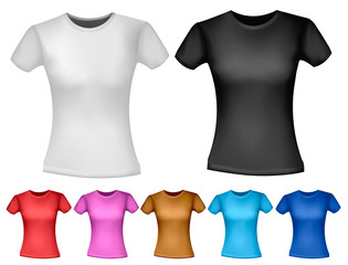 Black and white and color woman polo t-shirts. Design template.