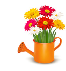 Poster - Colorful fresh spring flowers in orange watering can. Vector ill