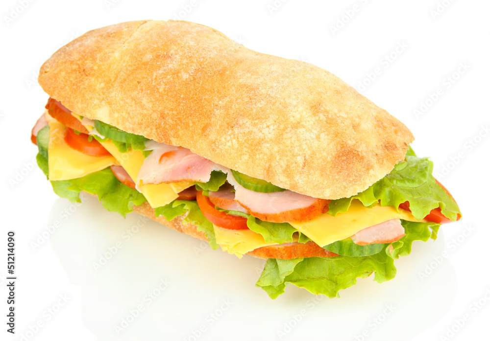Fresh and tasty sandwich with ham and vegetables isolated