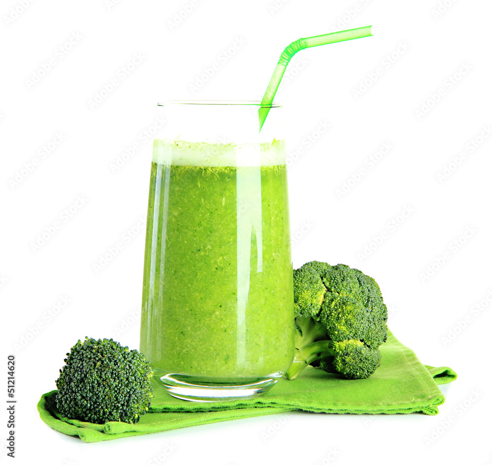 Glass of broccoli juice, isolated on white
