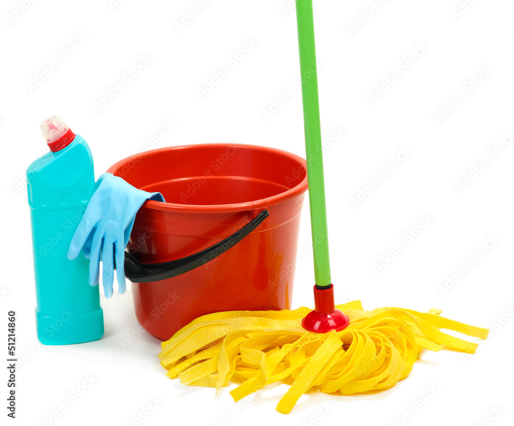 Mop, plastic bucket and rubber gloves, isolated on white