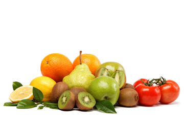  Fresh fruits and vegetables isolated on a white background.