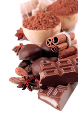 Wall Mural - Composition of chocolate sweets, cocoa and spices, isolated