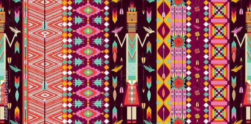 Obraz na płótnie canvas dwuczęściowy "dyptyk" Bezszwowe kolorowy wzór aztec z ptaków, kwiatów i strzałek