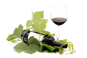 Sticker - Red wine bottle wrapped in grape vine and glass