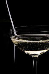 Wall Mural - Glass of champagne and bottle infront of black background