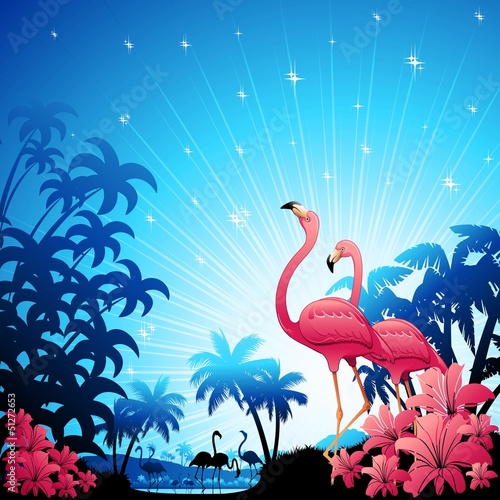 Naklejka dekoracyjna Pink Flamingos on Blue Tropics-Fenicotteri Rosa