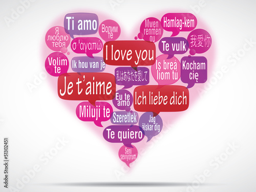 Plakat na zamówienie nuage de mots bulles : je t'aime traduction forme coeur