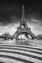 Paris. Gorgeous wideangle view of Eiffel Tower with Stairs to Se