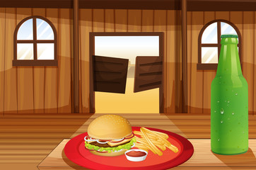 Sticker - A burger and fries in a red plate and a bottle of soda