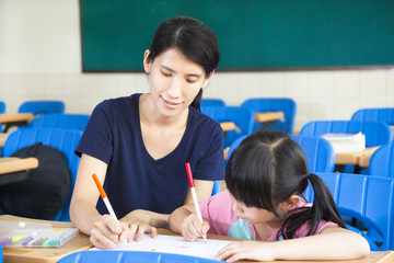 Wall Mural - mother teaching little girl drawing picture in the classroom