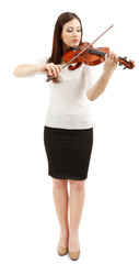 Wall Mural - Beautiful young girl with violin, isolated on white