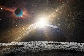 Wall Mural - a view of planet earth and the universe from the moon's surface.