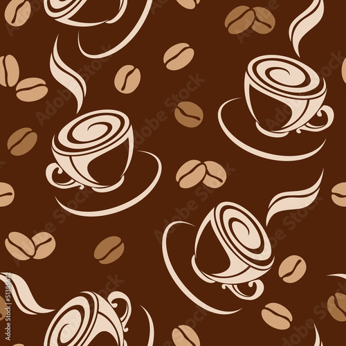 Naklejka - mata magnetyczna na lodówkę Seamless background with coffee beans and cups. Vector.