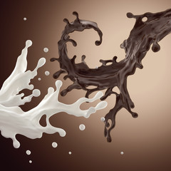 Poster - collision of liquid chocolate and milk splash