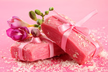 Natural Handmade Soap, On Pink Background