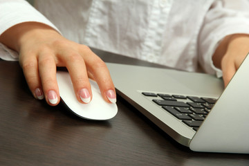 Canvas Print - female hands writing on laptot, close up