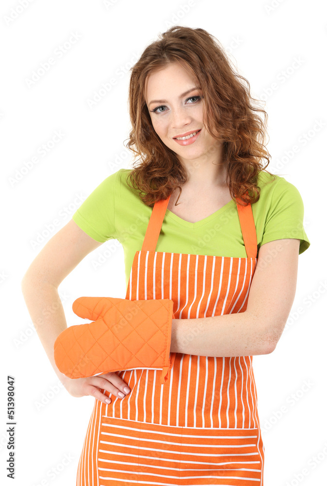 Young woman wearing kitchen apron with cooking mittens,