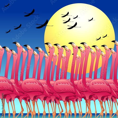 Naklejka ścienna Pink Flamingos's Dance-La Danza dei Fenicotteri Rosa-Vector