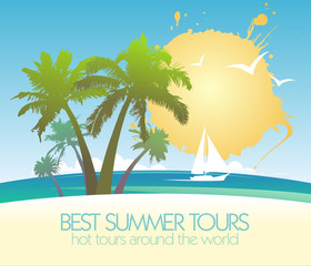 Wall Mural - Best summer tours design template with tropical island and yacht