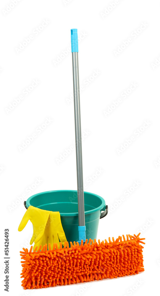 Mop, plastic bucket and rubber gloves, isolated on white