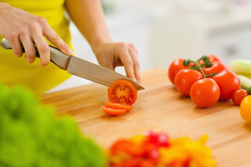 Wall Mural - Closeup on woman cutting tomato