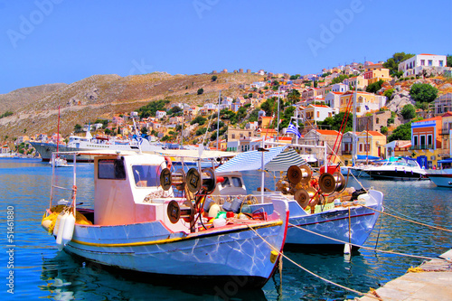 Obraz na płótnie canvas czteroczęściowy "tetraptyk" Kolorowy port greckiej wioski symi