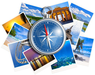 Traveling photos collage with compass isolated on white backgrou