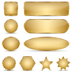 Set of 10 elegant golden web buttons in various shapes including square, circle, rectangle, star, and oval. Glossy metallic look with subtle gradients. Ideal for websites, app interfaces, UI/UX design