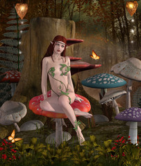 Wall Mural - The secrets of the wood - Beautifu fairy sits on a mushroom