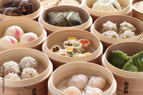 Yumcha, dim sum en vapeur du bambou, la cuisine chinoise Poster Mural XXL